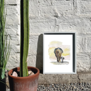 Cuadro Elefantes atardecer (acuarela)